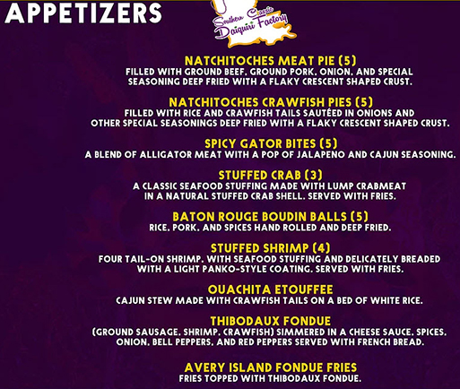 Southern Classic Daiquiri Factory Menu Prices